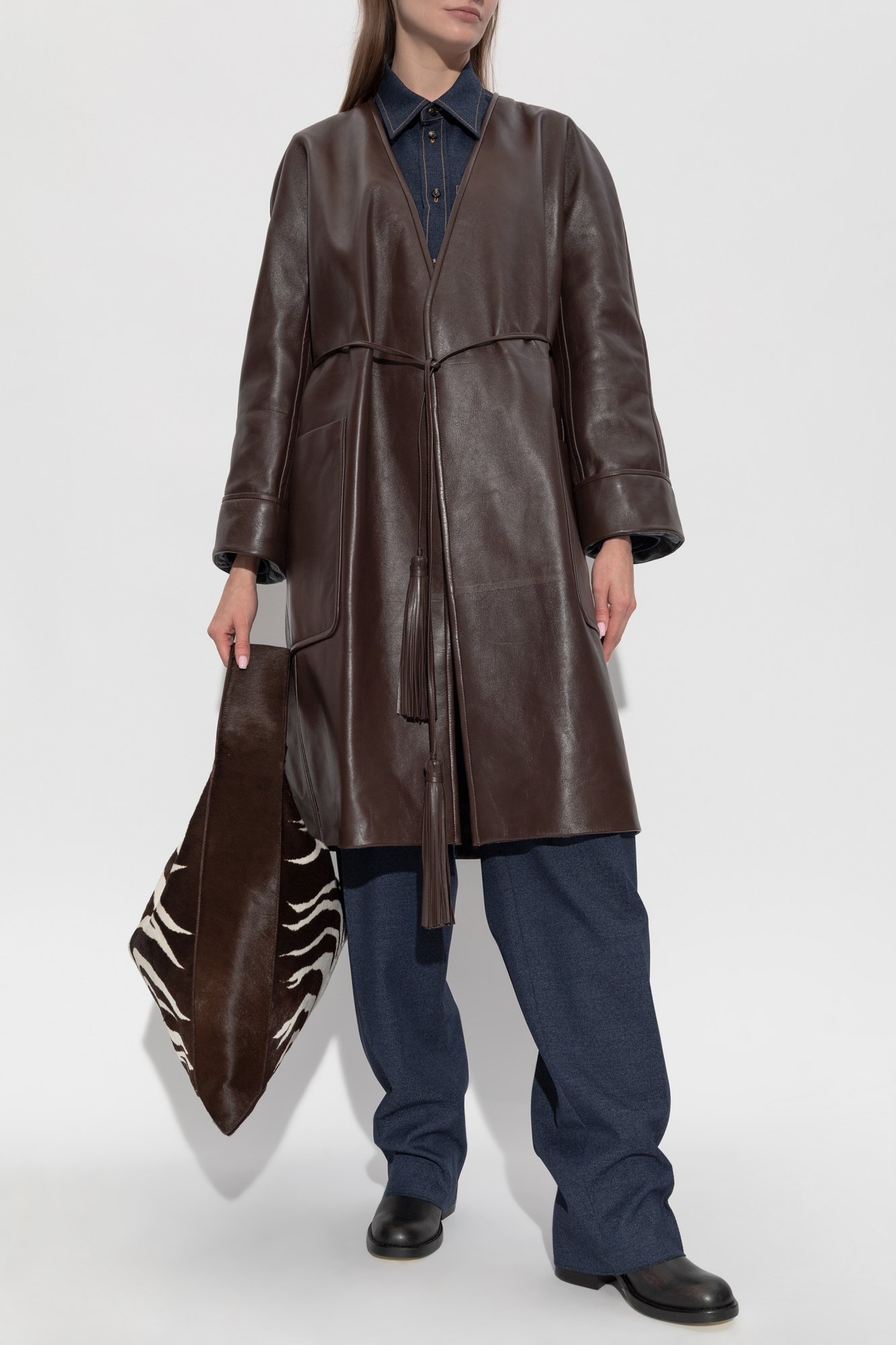 Bottega Veneta Leather coat tied with a drawstring and toggles